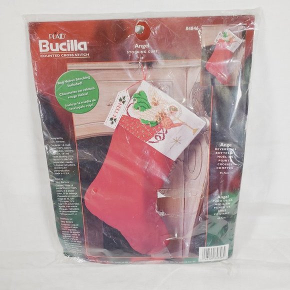 Vintage Bucilla Angel Stocking Kit 84846 Counted Cross Stitch Cuff Red Stocking - Picture 1 of 4